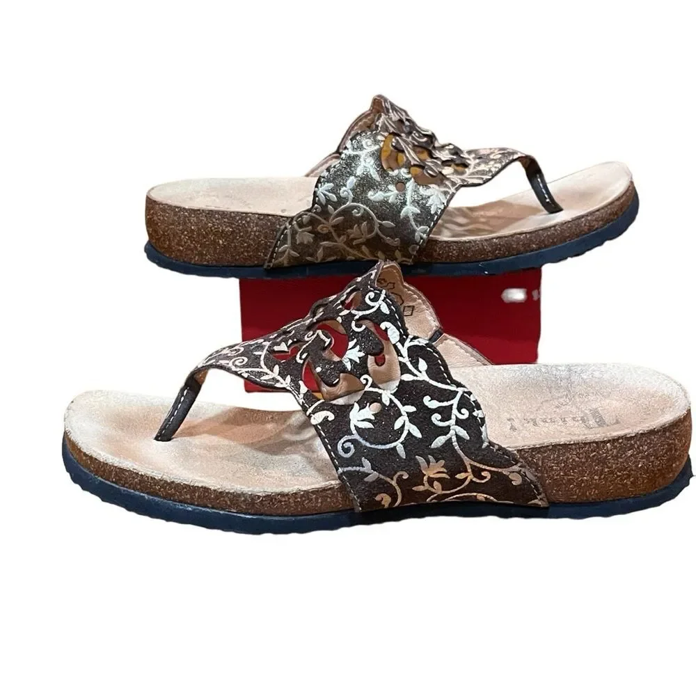 Think! Brown Gold Sandals Metallic Lace Flip Flops Leather Floral Cork Insole